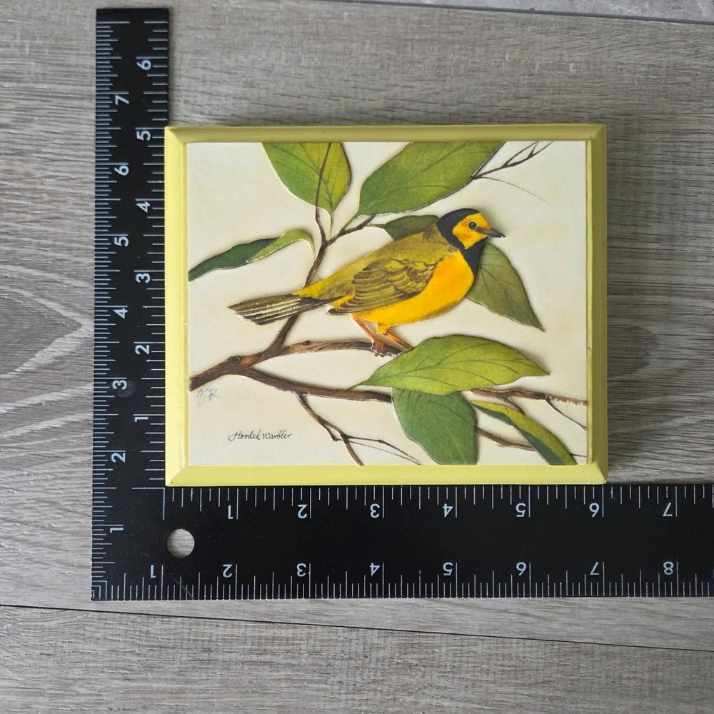 Vintage 1973 3D Paper Tole Bird Wall Art Set 4 Wood Plaques Yellow Cottagecore
